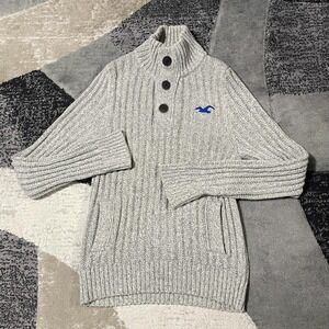 Hollister Sweater Men XL Gray Mock Neck Chunky Rib Knit Button Pullover Preppy